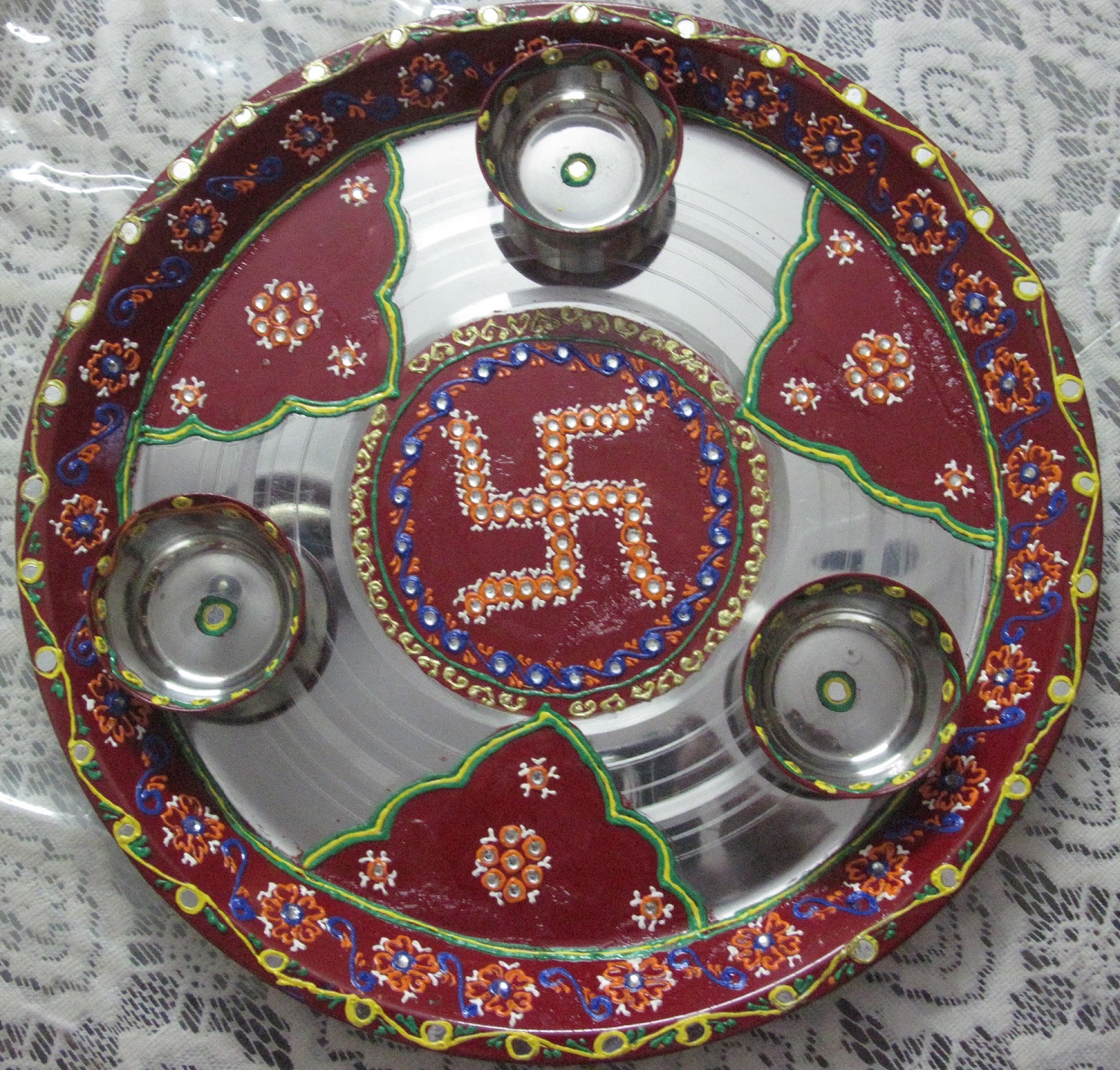 Handmade Decorative Pooja Thali with bowl Swastic design (Large