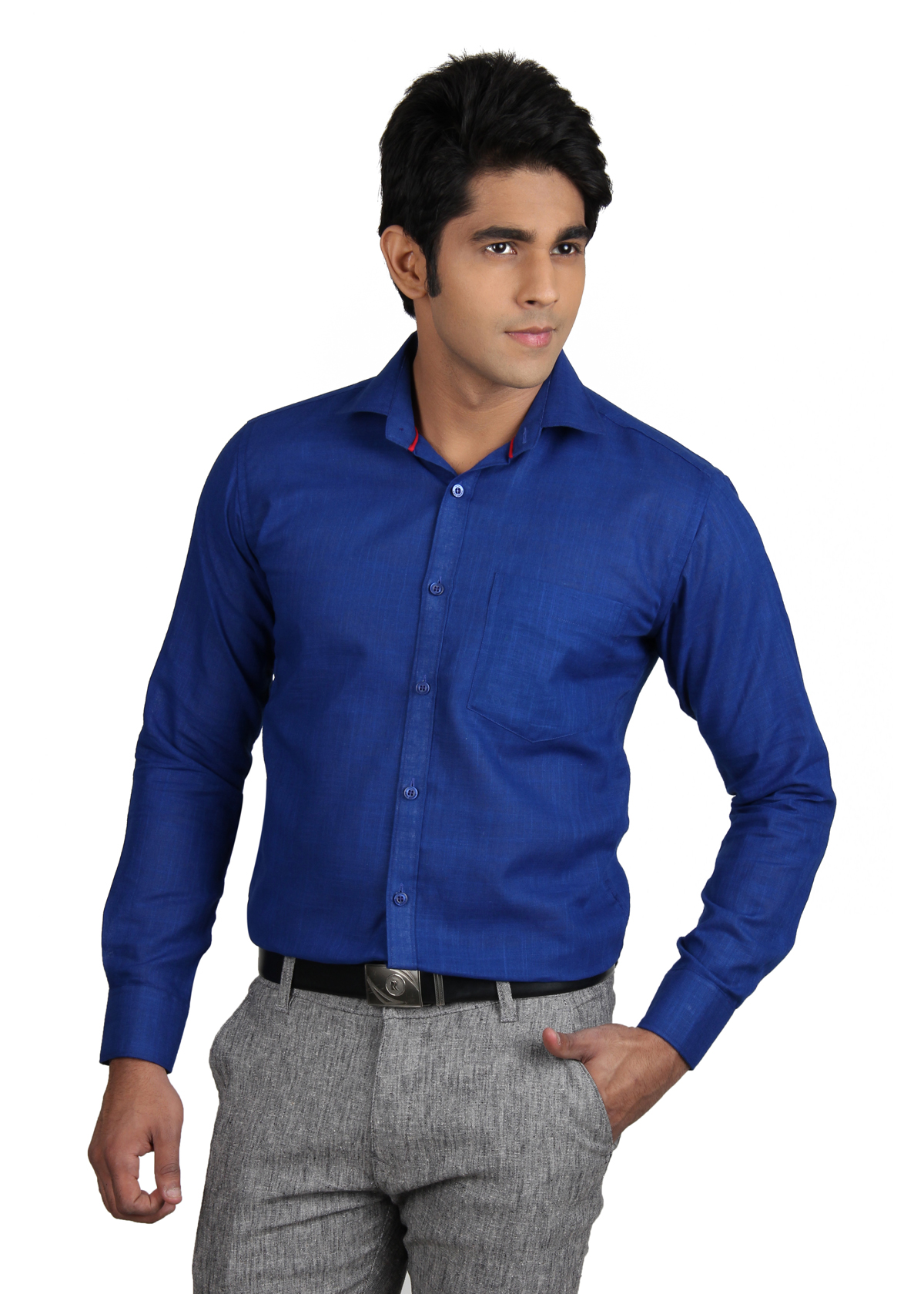 royal blue shirt with grey pants