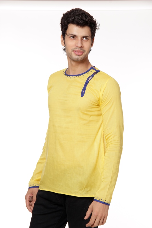 yellow short kurta with embroidery