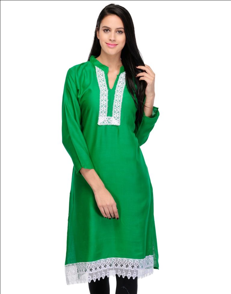 Online Designer Long Rayon Kurti with Embroidered Lace