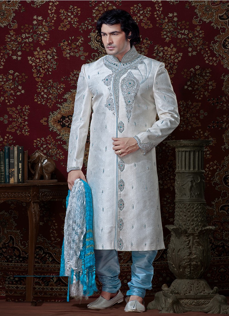 Grooms Sherwani Blue And Off White at Best Prices - Shopclues Online ...