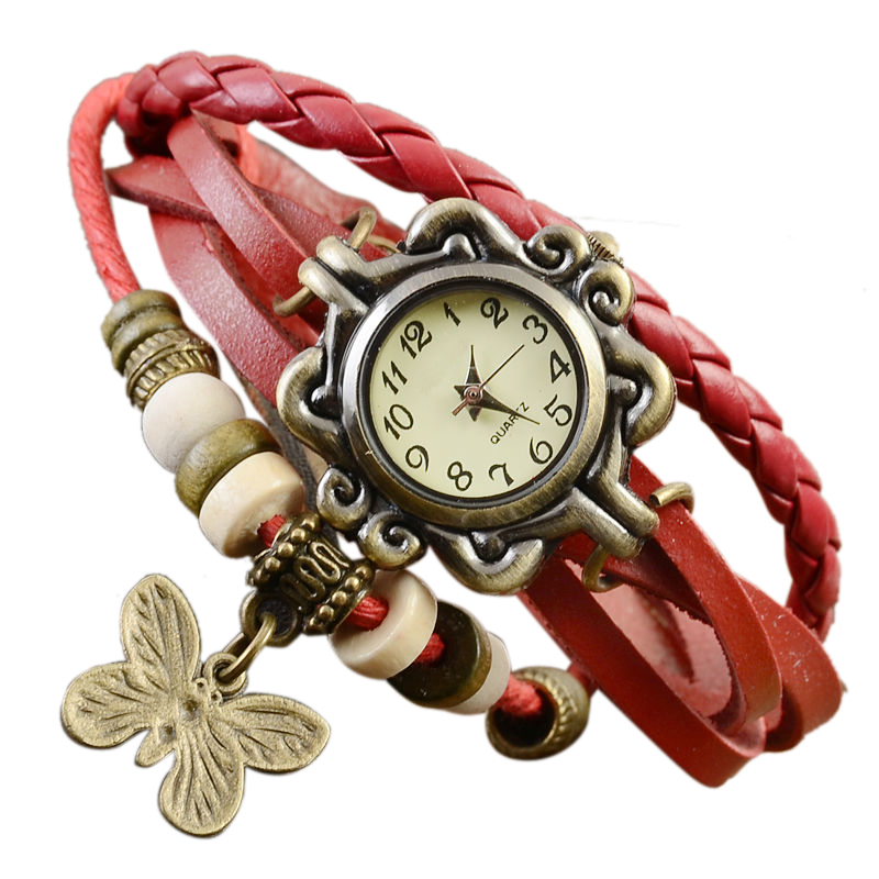 Vintage Bracelet Watch Leather Girls Red