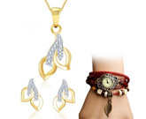 Pissara Glimmery Gold  and Rhodium Plated CZ Pendant Set and Bracelet Watch Combo                                      