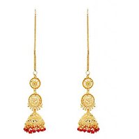 Gold Plated Red Beaded Jhumki Long Earrings by GoldNera