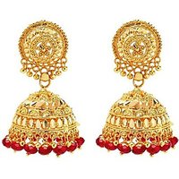 Gold Plated Red Beaded Jhumki Earrings By Goldnera With Free Heart Pendant With Chain For Valentines Gold Plated Red Beaded Jhumki Earrings By Goldnera With Free Heart Pendant With Chain For Valentines