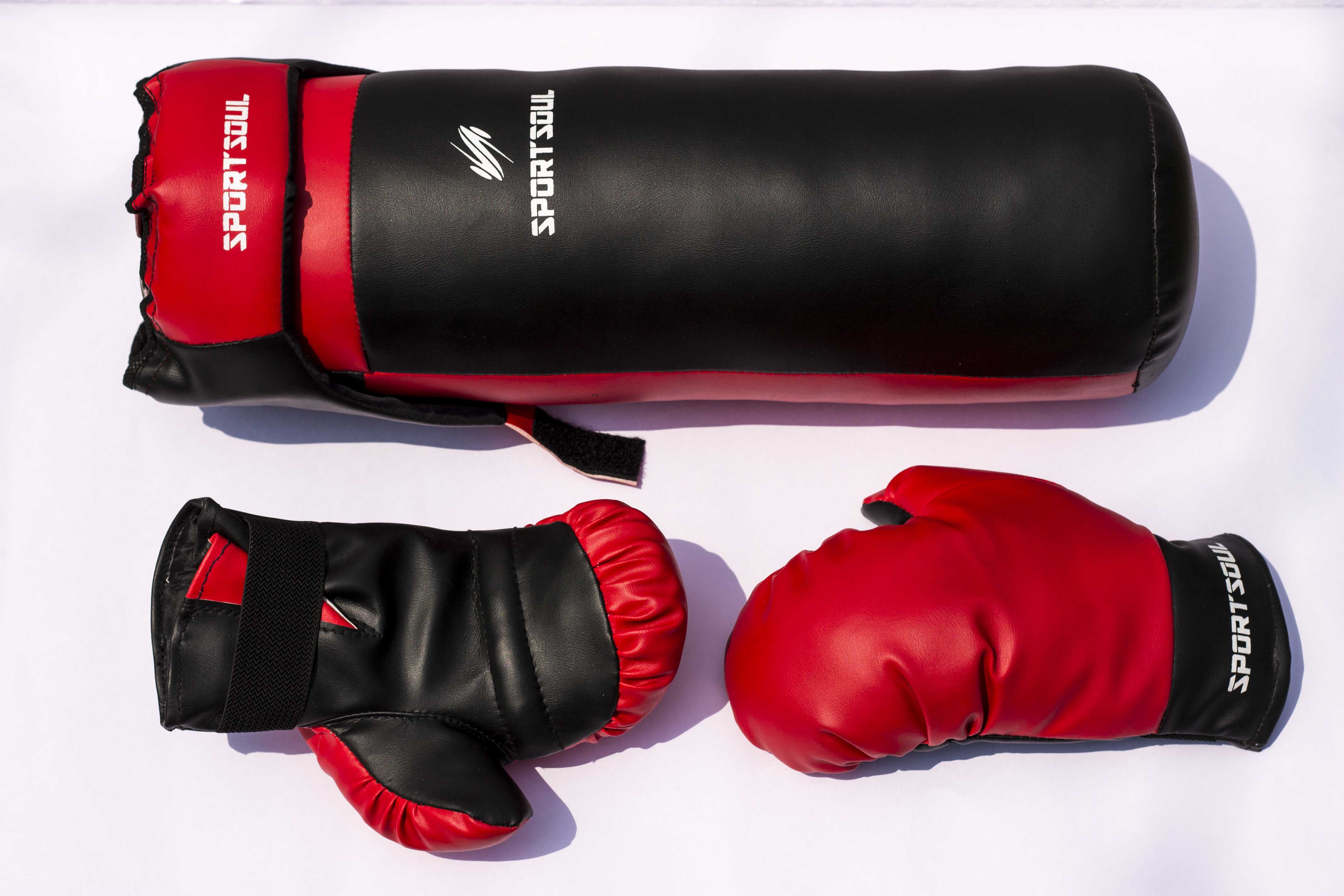 SportSoul Kids Boxing Set (Punching Bag, Gloves & Headgear), Red & Black